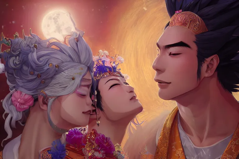 Image similar to close up moment of a divine a japan sun god and a moon goddess lovers magician at a wedding banquet, highly detailed, genshin, fantasy, 4 k realistic, digital painting, trending on artstation, concept art, sharp focus, illustration, art by makoto shinkai and akihiko yoshida and daniel gerhartz