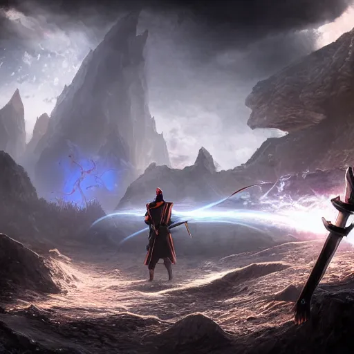 Prompt: a demon a knight a samurai and a wizard walking away from the camera towards a magnificent landscape on the horizon, depth of field, perspective, lens flare, from a distance, frontlight, rays of shimmering light, tones of black, low contrast color, high contrast light, unreal engine 5, concept art