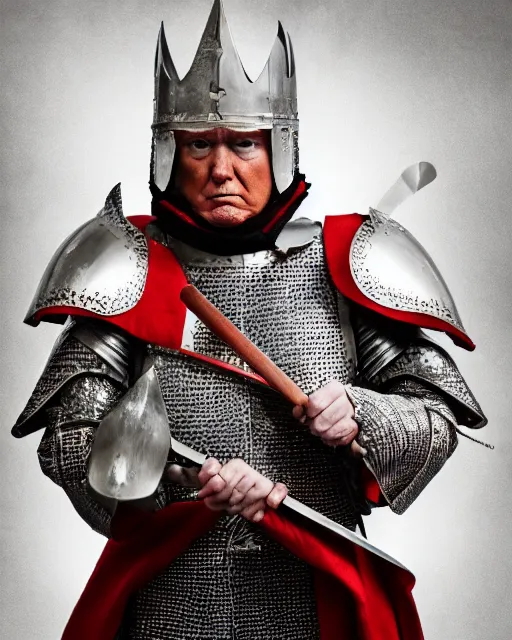 Image similar to a photo of donald trump dressed as a medieval knight. he's holding a sword with both hands. medium shot portrait. dslr photography