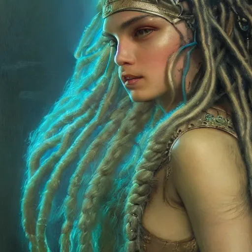 Prompt: octane render, artstation, 8 k, intricate detail, hyper detail, portrait by h. r. giger, gaston bussiere, bayard wu, greg rutkowski, greg rutkowski, sandro botticelli, tan lady of elche egyptian sumerian techno mystic goddess princess intergalactica inanna with aqua neon rapunzel dreadlocks,