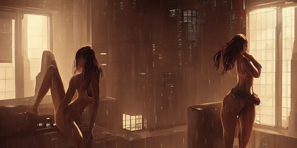 Prompt: sensual tall woman in an interior design quiet loft, big windows, cyberpunk city, rainy day, night, science - fiction, samdoesarts, artstation