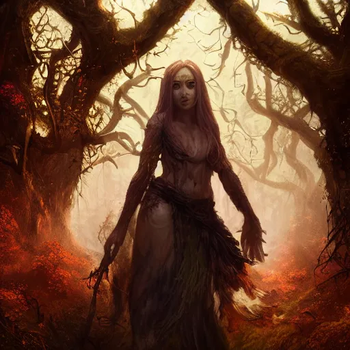 Prompt: cinematic portrait of a, dryad priestess, inspired by brian froud, inspired by dungeons and dragons, in an evening autumn forest, art station, sunset evening lighting, ominous shadows by jessica rossier and greg rutkowski