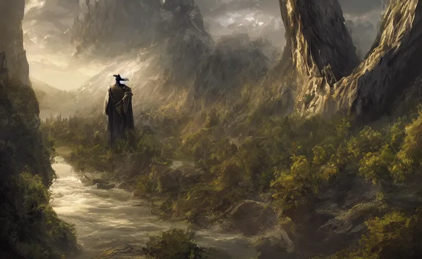 Image similar to A large statue of a wizard guarding a river valley, landscape art, concept art, intense, fantasy, inspiring