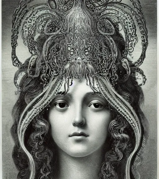 Prompt: portrait of a gorgeous sublime young goddess with intricate decorative jellyfish headdress and beautiful eyes, clear lines, detailed painting by christian rex van minnen and ernst haeckel and james jean