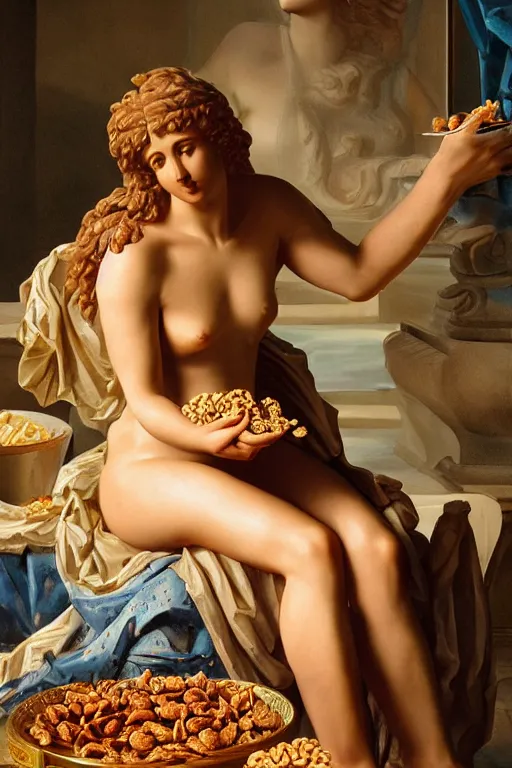 Image similar to greek statue of Aphrodite eating cereal, oil on canvas, intricate, portrait, 8k highly professionally detailed, HDR, CGsociety