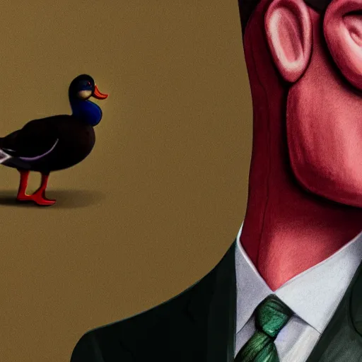 Image similar to a high detail photo of a man with a duck's head wearing a suit, photorealism