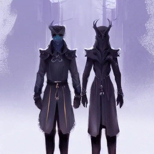 Image similar to a couple of people that are standing in the snow, concept art by Fabien Charuau, trending on pixiv, fantasy art, official art, wiccan, concept art