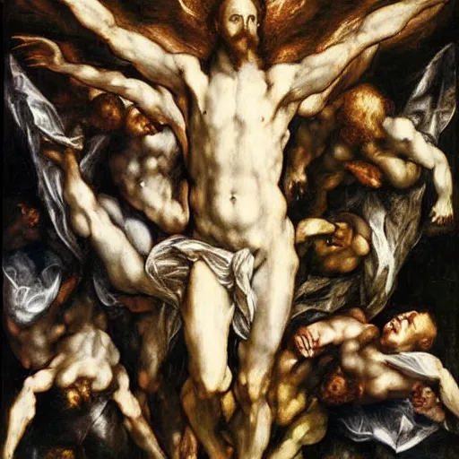 Image similar to symmetry, highly detailed stunning oil painting of heaven, oil on canvas, michaelangelo, el greco, expressionistic, emotive, epic