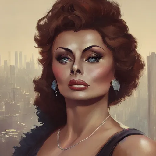 Image similar to closeup portrait of a young sophia loren as a 1 9 2 0 s femme fatale, city background, megacity, high fantasy, dramatic light, gorgeous view, depth, high detail, digital art, painted by greg rutkowski, trending on artstation