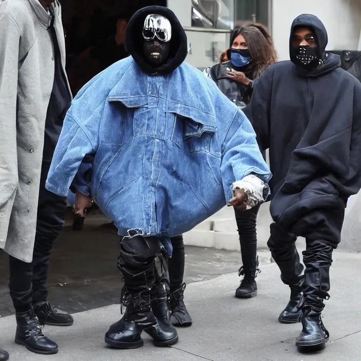 Image similar to kanye west using a face covering black mask with small little holes, a blue round puffer jacket and big black rubber boots,