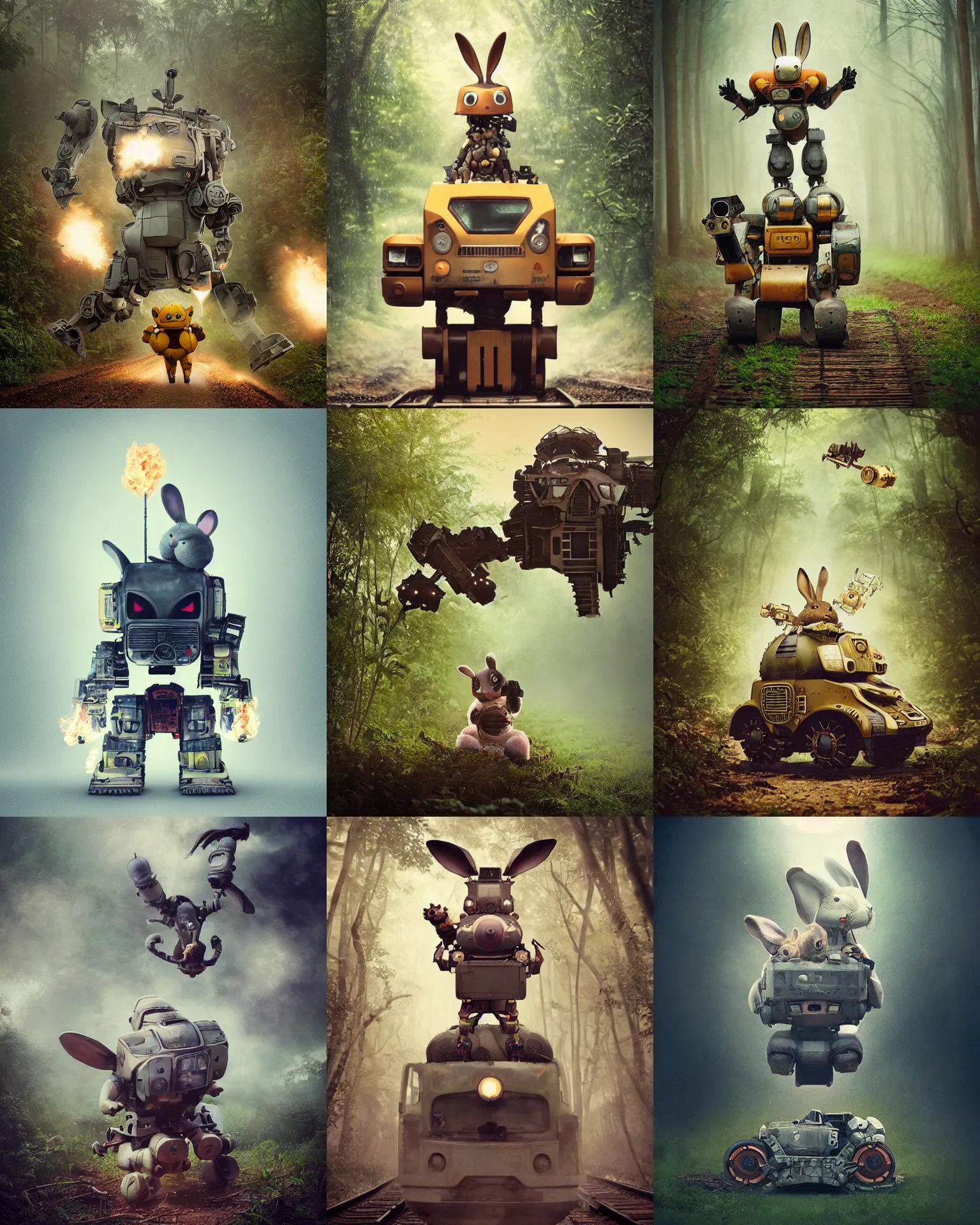 Prompt: epic battle pose !!!giant oversized battle rabbit robot chubby mech baby as train with nuclear engine on fire with big ears and rabbit riding on track , on a jungle forest , full body , Cinematic focus, Polaroid photo, vintage , neutral dull colors, soft lights, foggy ,random weather, by oleg oprisco , by victor enrich