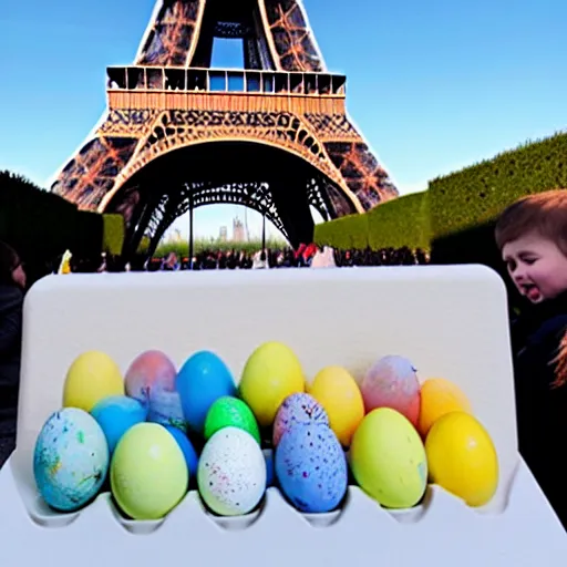 Image similar to A polar bear painting easter eggs in front of the Eiffel Tower