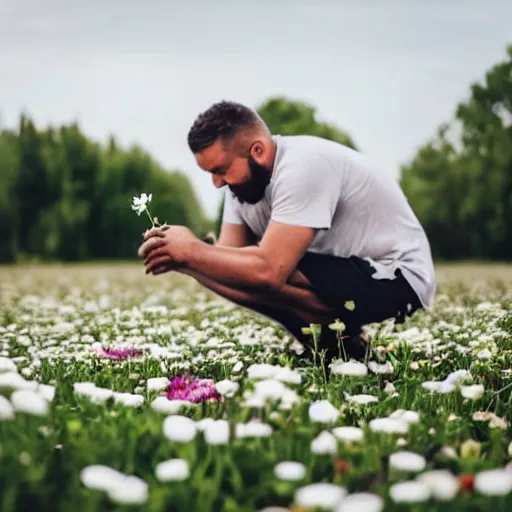 Image similar to a very confused man crouching down and inspecting a flower