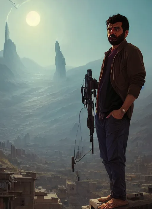 Image similar to highly detailed portrait of iranian man in gta v, stephen bliss, unreal engine, fantasy art by greg rutkowski, loish, rhads, ferdinand knab, makoto shinkai and lois van baarle, ilya kuvshinov, rossdraws, tom bagshaw, global illumination, radiant light, detailed and intricate environment