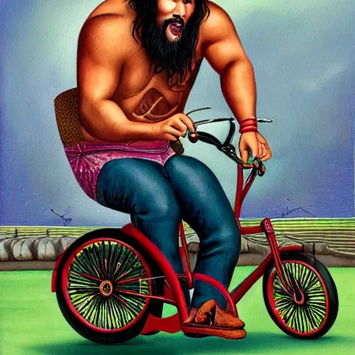 Image similar to Jason Momoa on a tricycle, lowbrow painting by Mark Ryden