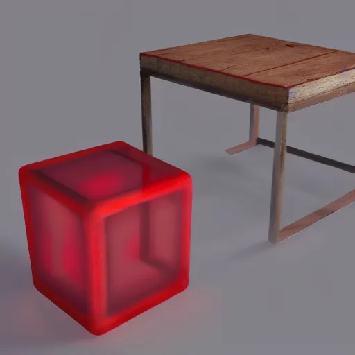 Prompt: a translucent red cube on a wooden table, unreal engine 5, trending on artstation