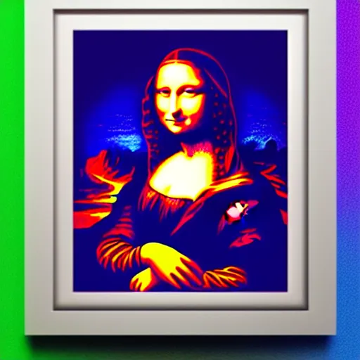 Prompt: painting of mona lisa, she has glow sticks and colorful clothes, neon lights, rave, painting by leonardo da vinci,