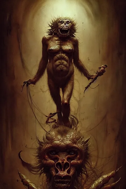 Prompt: ape demon | esoteric symbolism | jean - baptiste monge, esao andrews, bastien lecouffe - deharme, tim jacobus, ken currie | ultra - detailed realism, soft cinematic lighting, hi - fructose, artstation, high - quality, ink watercolors wes anderson poster art