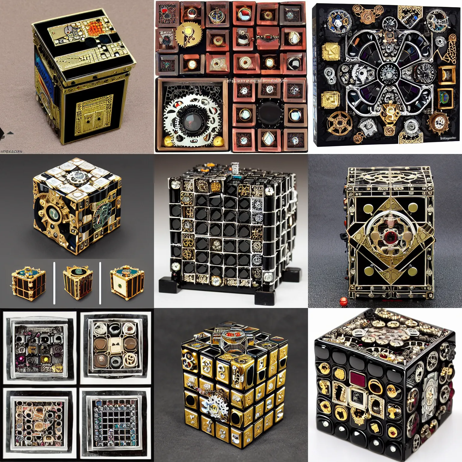 Prompt: faberge mechanigma puzzle box, clockwork lament configuration, kundan technique, horadric cube, black onyx, steampunk rubiks cube