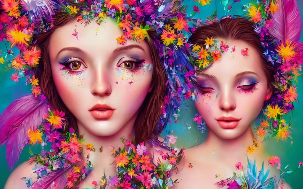 Prompt: a divine feminine goddess, rosey cheeks, sparkles on eyelids, surrounded by lush flowers and feathers in bright abstract colours ultra realistic digital painting, artstation, concept art, pop, smooth, sharp focus, illustration, art by mark ryden and lisa frank 3 d 8 k ultra detailed