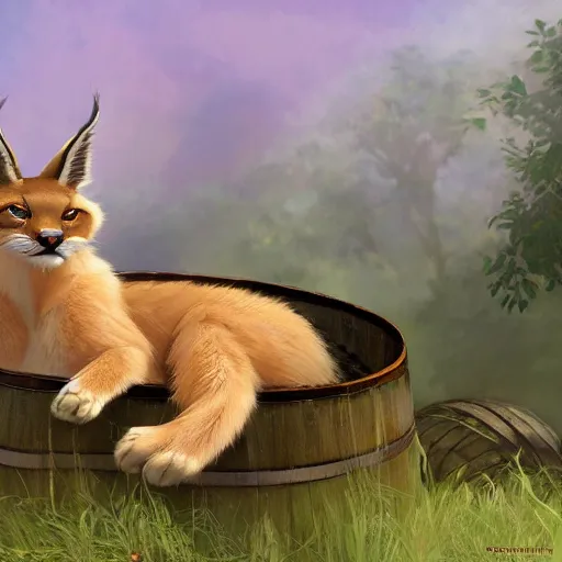 Prompt: a digital art of cute fluffy caracal near a wooden barrel lying at the side, at after noon, green and warm theme, by krenz cushart and mucha and akihito yoshida and greg rutkowski and makoto shinkai, long shot, back lighting, detailed eyes, 4 k resolution, trending on art station