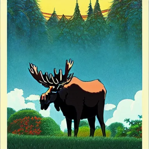 Image similar to \'Moose God\' by Studio Ghibli, now considered by art critics to be one of the most iconic and beautiful pieces of art in the 21st century