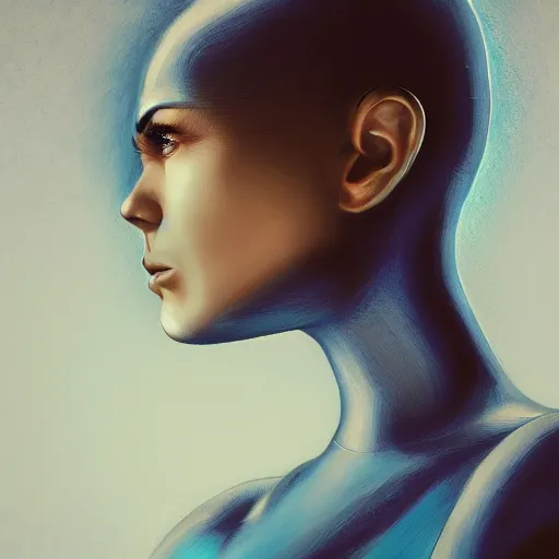 Image similar to portrait of a female android, no nose, no mouth, face completely covered in phthalo blue steel, filigree, elegant, sharp focus, graceful, master crafted, trending on artstation, award winning, beauty,