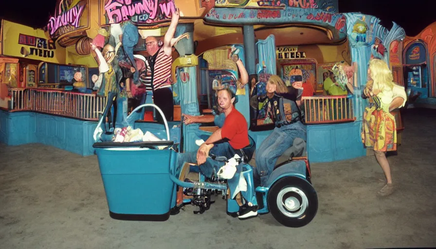 Prompt: 1990s photo of inside the Doug Funny Show ride at Universal Studios in Orlando, Florida, riding a trash can through Doug's town , cinematic, UHD