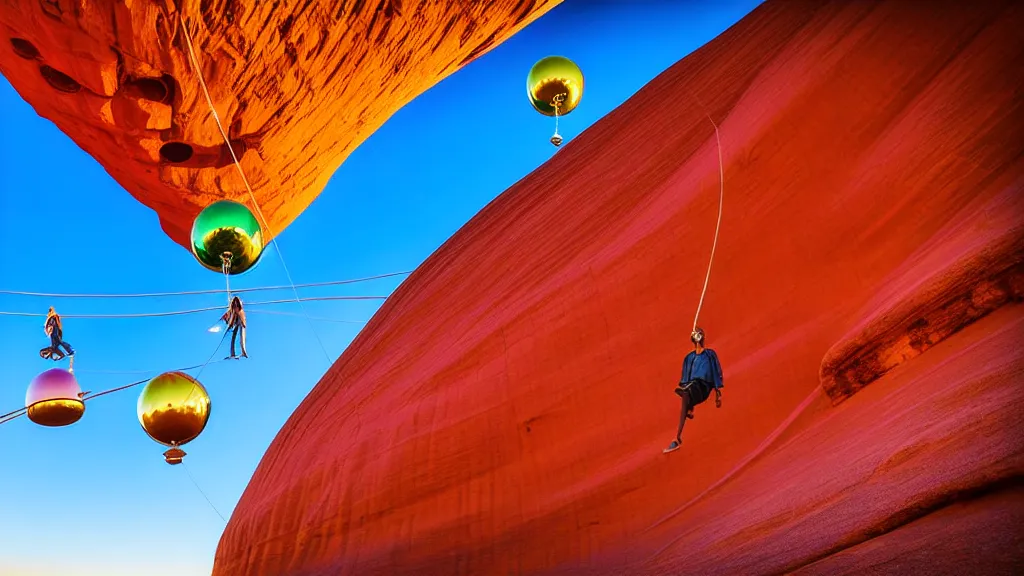 Image similar to large colorful futuristic space age metallic steampunk balloons with pipework and electrical wiring around the outside, and people on rope swings underneath, flying high over the beautiful uluru in central australia city landscape, professional photography, 8 0 mm telephoto lens, realistic, detailed, photorealistic, photojournalism