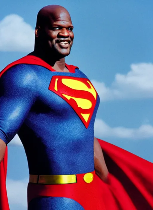 Image similar to film still of Shaquille O'Neal as Superman in Superman, 4k