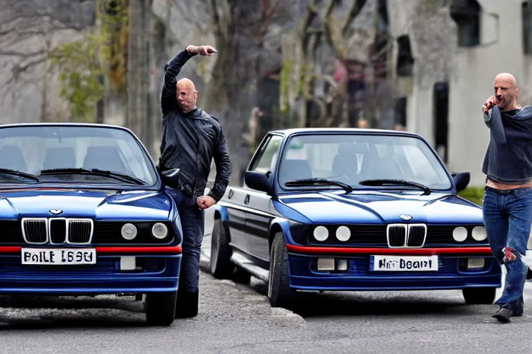 Image similar to Angry Jason Statham picks up BMW e30
