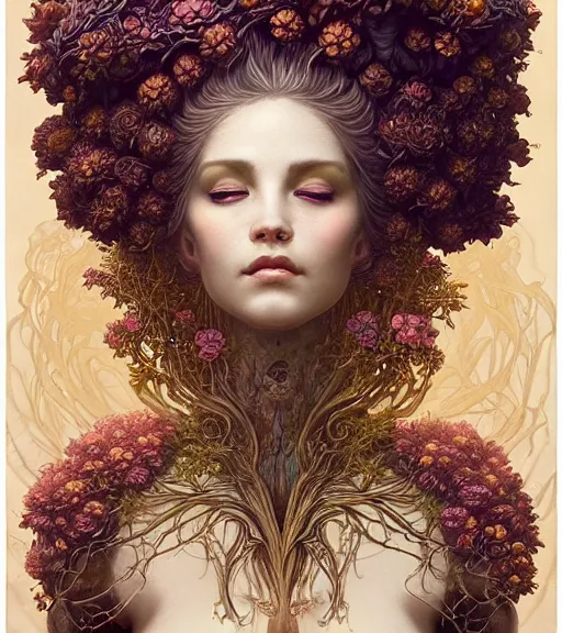 Image similar to a beautiful detailed front view portrait of a woman with ornate growing around, ornamentation, flowers, elegant, beautifully soft lit, golden ratio, full frame, by wayne barlowe, peter mohrbacher, kelly mckernan,