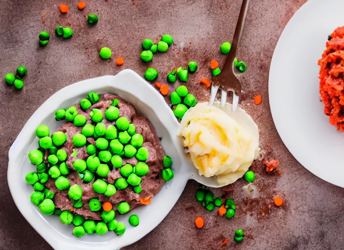 Image similar to dslr food photograph of a birthday cake iced with mashed potatoes and topped with ground beef carrots and peas, 8 5 mm f 1. 8