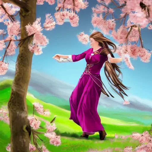 Image similar to a celtic woman falconer catching a white falcon on her arm. behind her are pink mountains, puffy clouds, and cherry blossoms blowing in the wind. concept art.