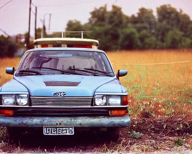 Prompt: a lomographic photo of old lada 2 1 0 7 standing in typical soviet yard in small town, hrushevka on background, cinestill, bokeh