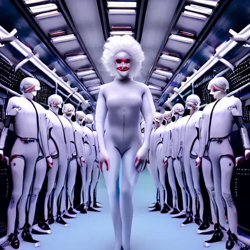 Image similar to troop of freak show women with white hair, white hair, tight light blue neopren suits, futuristic production facility, sci - fi, highly detailed, cinematic