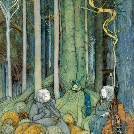 Prompt: A painting of swedish forest with its mystic trolls in the style of John Bauer.