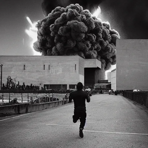 Image similar to “Excited-looking men running from a powerful explosion in a concrete setting”