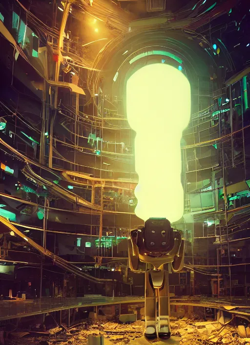 Image similar to people building giant head of a robot mickey mouse inside of abandoned netflix office, cyberpunk, by beeple, dystopia, golden ratio, octane render, redshift, trending on artstation, 8 k