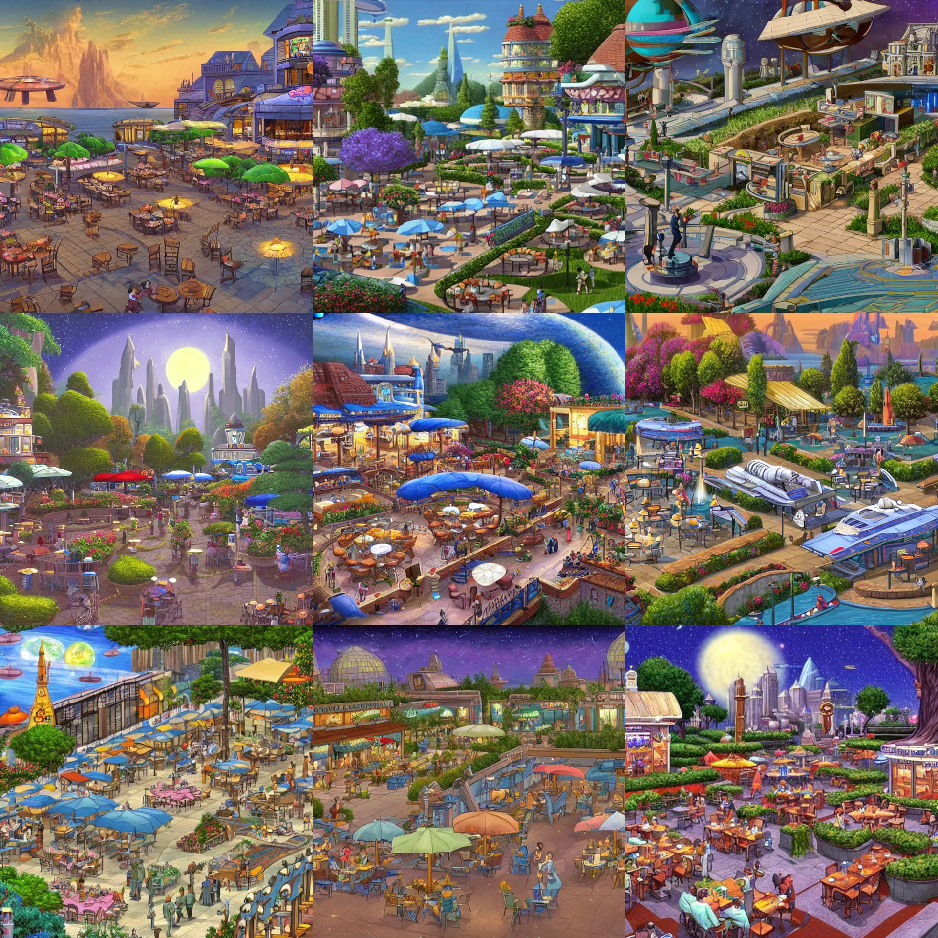 Prompt: a plaza area with a open air restaurant at the side, on a large space cruiser, from a space themed lucasarts point and click 2 d graphic adventure game, art inspired by thomas kinkade