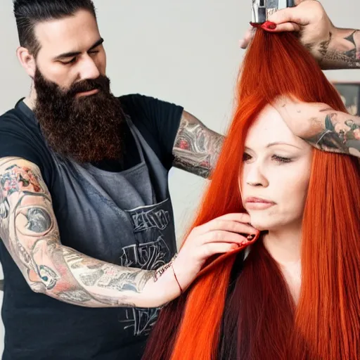 Image similar to a man with a dark beard and tattoos giving a haircut to a woman with long straight red orange hair