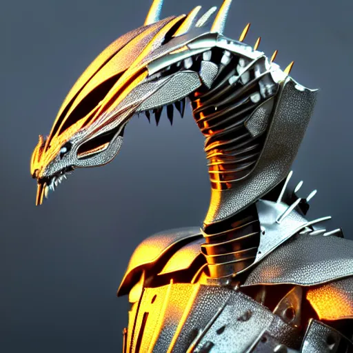 Prompt: close up bust shot, realistic detailed stunning beautiful armored anthropomorphic humanoid female robot dragon, doing an elegant pose, looking to the side, sleek streamlined armor and design made of steel, sharp claws and sharp teeth, Slick LEDs, standing on two legs, on the beach during sunset, high quality, cinematic art, sunset lighting, artstation, deviantart, furaffinity