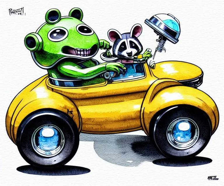Prompt: cute and funny, racoon wearing a helmet, riding in a tiny hot rod with oversized engine | ratfink style by ed roth, centered award winning watercolor pen illustration, isometric illustration by chihiro iwasaki, edited by range murata, tiny details by artgerm, symmetrically isometrically centered
