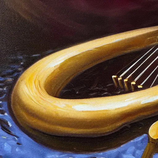 Prompt: a broken harp floating in the water, close up, 4k, oil painting.