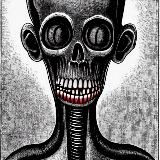 Prompt: humanoid with crooked teeth, two black eyes, long open black mouth, alien looking, big forehead, horrifying, killer, creepy, dead, slightly realistic, slightly red, long neck, boney, monster, tall, skinny, skullish, deathly, in the style of alfred kubin