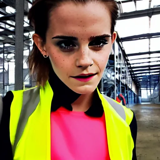 Prompt: photo, close up, emma watson in a hi vis vest, in warehouse, android cameraphone, 2 6 mm