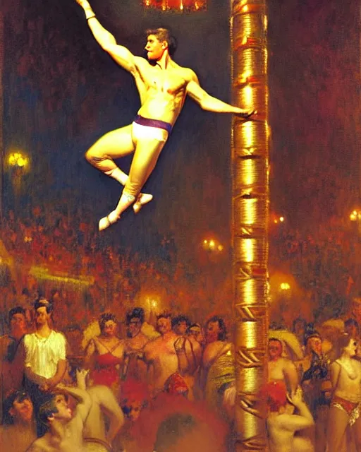 Prompt: attractive male acrobat performing trips from the highwire in the center ring of a three ring circus, the crowd looks on in excitement, spotlight on the acrobat, bright colors, painting by gaston bussiere, craig mullins, j. c. leyendecker