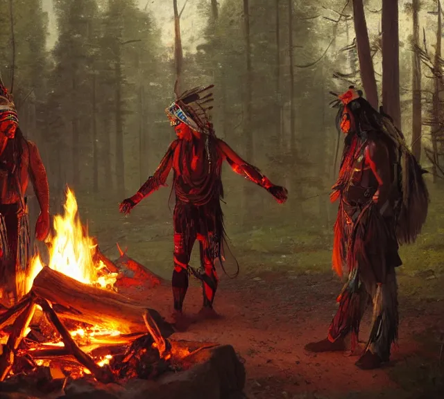 Image similar to a cybernetic man from the future is shaking hands with a native american man in traditional headress, lighting from a campfire in, mutual respect, by greg rutkowski, by ilya repin, extreme detail, 8 k, wide shot