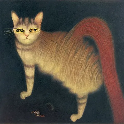 Image similar to by remedios varos, fractal versions of a cat, oil painting, high resolution