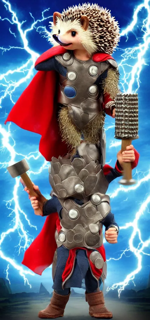 Image similar to the hedgehog thor ~ holding his hammer ~ dramatic thunder background ~ fighting scene ~